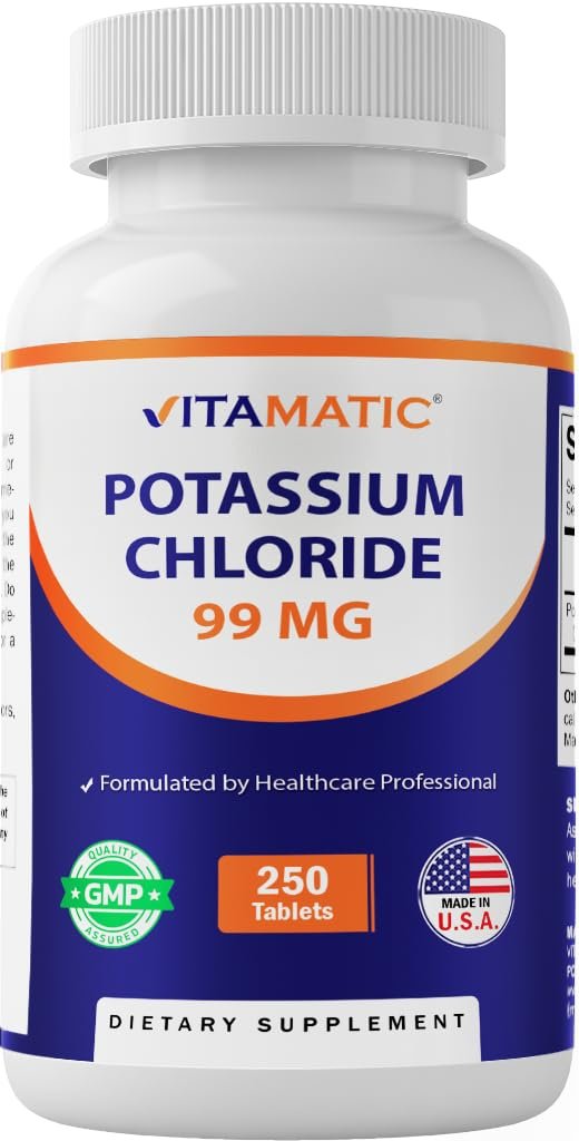 Vitamatic Kalium 99mg – 250 Tabletten – Kaliumchlorid für Muskel-, Herz- und Nervenfunktion – Elektrolyt-Unterstützung – Non-GMO, glutenfrei