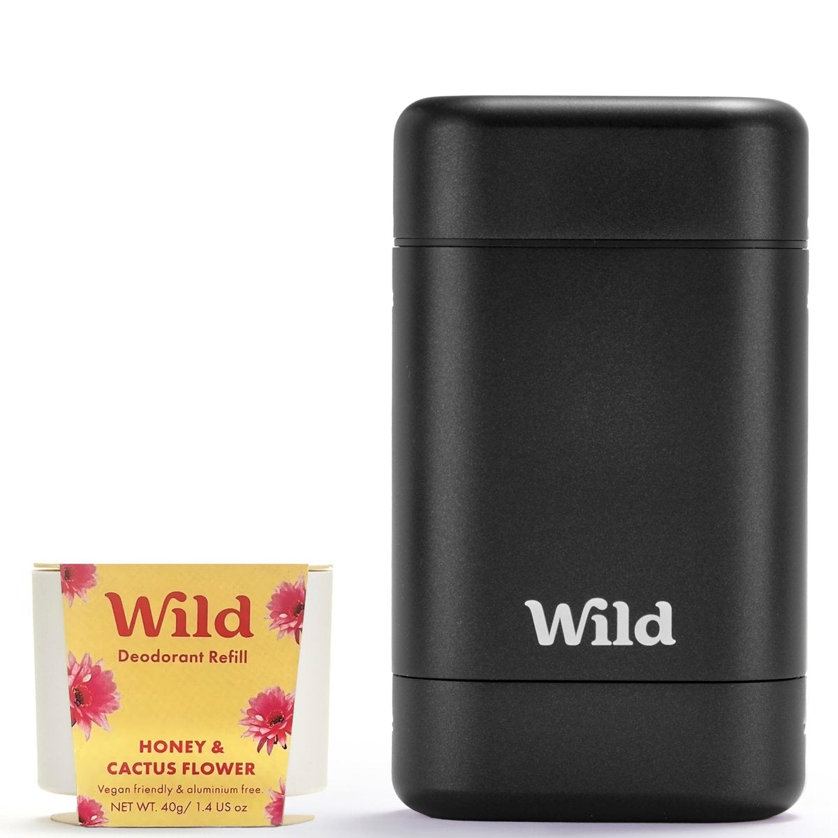 Wild Deodorant Starter Kit mit schwarzem Case und Honig & Kaktusblüte Duft Refill 1,4 oz – Aluminiumfrei – Lang anhaltender Schutz – Vegan