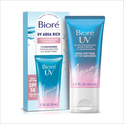 Bioré UV Aqua Rich Glow Enhancing Moisturizer mit SPF 50, tägliche Feuchtigkeitspflege mit Niacinamid, 1,7 oz