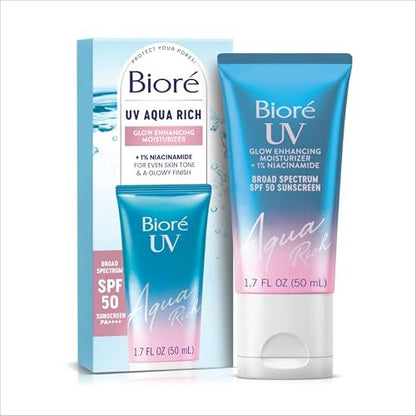 Bioré UV Aqua Rich Glow Enhancing Moisturizer mit SPF 50, tägliche Feuchtigkeitspflege mit Niacinamid, 1,7 oz
