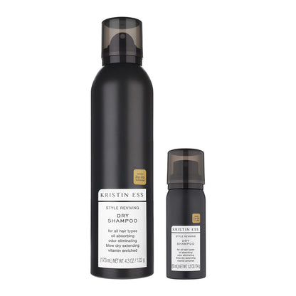 Kristin Ess 2-in-1 Bundle Trockenshampoo-Spray für fettiges Haar – Haus- & Reisegröße – absorbiert Öl, verleiht Volumen, verlängert Frische + Dufterfrischer – sulfatfrei, vegan & farbsicher – frischer Birnenduft