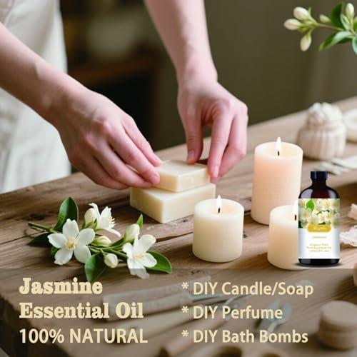 Jasmin ätherisches Öl – Jasmin Duftöl für Romantik, Diffuser, Luftbefeuchter, Massage, DIY-Kerzen, Seife, Hautpflege, Yoga, Geschenkfertig – MLYNKL Jasmin Öl (130 ml / 4,33 fl oz)