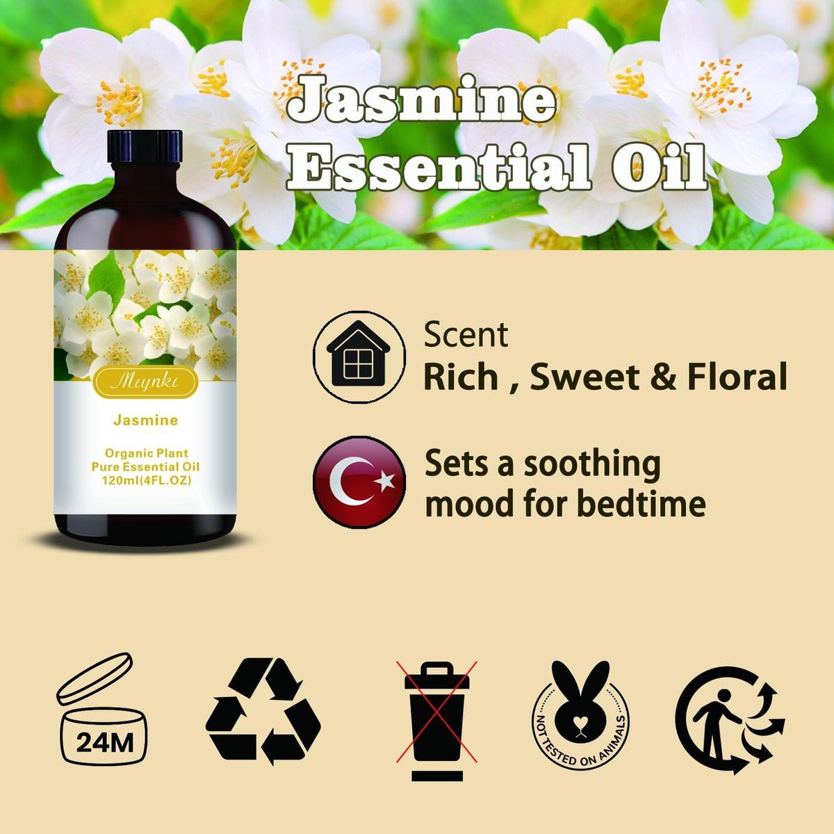 Jasmin ätherisches Öl – Jasmin Duftöl für Romantik, Diffuser, Luftbefeuchter, Massage, DIY-Kerzen, Seife, Hautpflege, Yoga, Geschenkfertig – MLYNKL Jasmin Öl (130 ml / 4,33 fl oz)