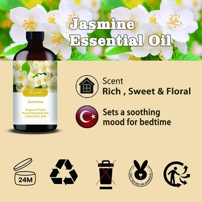 Jasmin ätherisches Öl – Jasmin Duftöl für Romantik, Diffuser, Luftbefeuchter, Massage, DIY-Kerzen, Seife, Hautpflege, Yoga, Geschenkfertig – MLYNKL Jasmin Öl (130 ml / 4,33 fl oz)