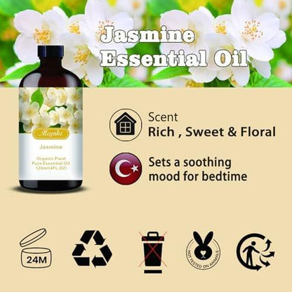 Jasmin ätherisches Öl – Jasmin Duftöl für Romantik, Diffuser, Luftbefeuchter, Massage, DIY-Kerzen, Seife, Hautpflege, Yoga, Geschenkfertig – MLYNKL Jasmin Öl (130 ml / 4,33 fl oz)