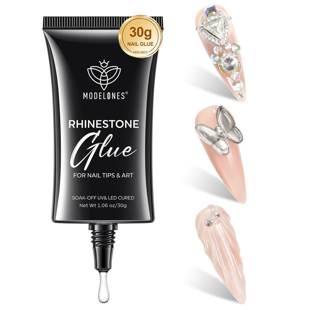 Modelones 4-in-1 Rhinestone Kleber – Superstark für Press On Nägel, Edelsteine, Charms & Strass, No Wipe Nagelkleber, 30g, Aushärtung erforderlich