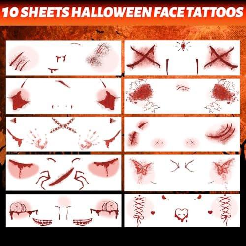 Winthrop 10 Blatt Halloween Blutige Narben Temporäre Tattoos, Fake-Blut-Wunden-Tattoos für Gesicht und Körper, Realistische Horror-Make-up-Aufkleber für Halloween-Kostüm, Party, Cosplay & Gruselige Streiche
