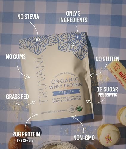 Truvani Bio Molkenproteinpulver Vanille | 20g Weideprotein | USDA Bio & Non-GMO | Glutenfrei | Ohne Gummi, Soja, Stevia & Zuckerzusatz