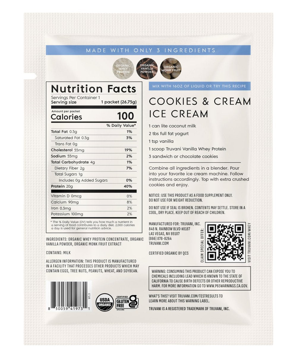 Truvani Bio Molkenproteinpulver Vanille | 20g Weideprotein | USDA Bio & Non-GMO | Glutenfrei | Ohne Gummi, Soja, Stevia & Zuckerzusatz