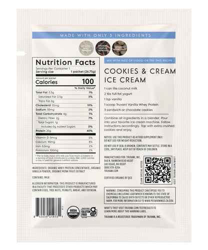 Truvani Bio Molkenproteinpulver Vanille | 20g Weideprotein | USDA Bio & Non-GMO | Glutenfrei | Ohne Gummi, Soja, Stevia & Zuckerzusatz