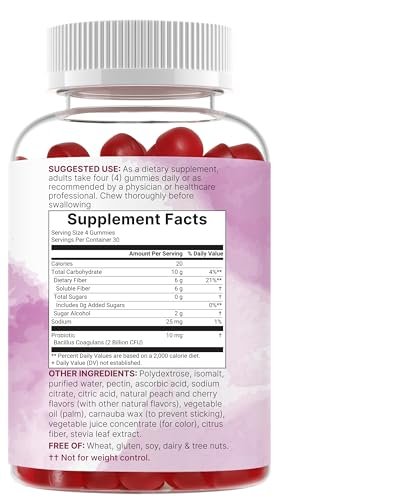 Micro Ingredients Ballaststoff-Gummibärchen mit Probiotika, 120 Stück | 6g pro Portion + 2 Milliarden KBE | Zuckerfreier Pfirsich-Kirsch-Geschmack | Ballaststoffpräparat für Frauen & Männer | Nicht-GVO, glutenfrei