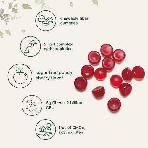 Micro Ingredients Ballaststoff-Gummibärchen mit Probiotika, 120 Stück | 6g pro Portion + 2 Milliarden KBE | Zuckerfreier Pfirsich-Kirsch-Geschmack | Ballaststoffpräparat für Frauen & Männer | Nicht-GVO, glutenfrei
