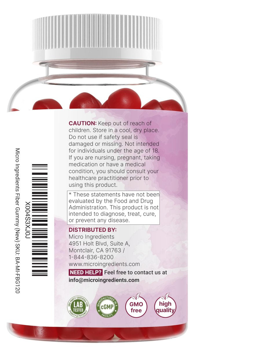 Micro Ingredients Ballaststoff-Gummibärchen mit Probiotika, 120 Stück | 6g pro Portion + 2 Milliarden KBE | Zuckerfreier Pfirsich-Kirsch-Geschmack | Ballaststoffpräparat für Frauen & Männer | Nicht-GVO, glutenfrei