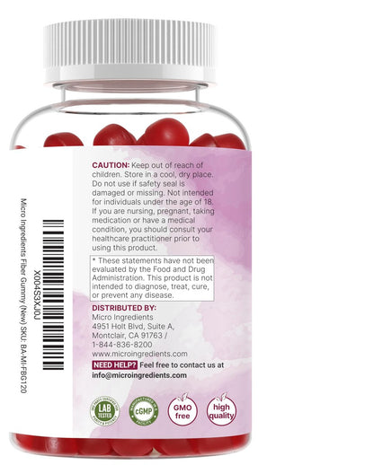 Micro Ingredients Ballaststoff-Gummibärchen mit Probiotika, 120 Stück | 6g pro Portion + 2 Milliarden KBE | Zuckerfreier Pfirsich-Kirsch-Geschmack | Ballaststoffpräparat für Frauen & Männer | Nicht-GVO, glutenfrei