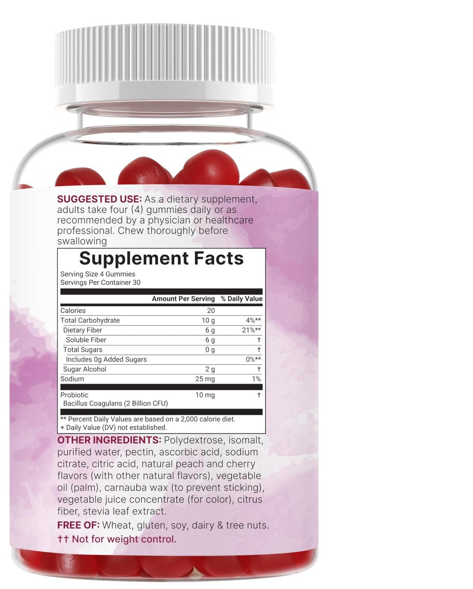 Micro Ingredients Ballaststoff-Gummibärchen mit Probiotika, 120 Stück | 6g pro Portion + 2 Milliarden KBE | Zuckerfreier Pfirsich-Kirsch-Geschmack | Ballaststoffpräparat für Frauen & Männer | Nicht-GVO, glutenfrei