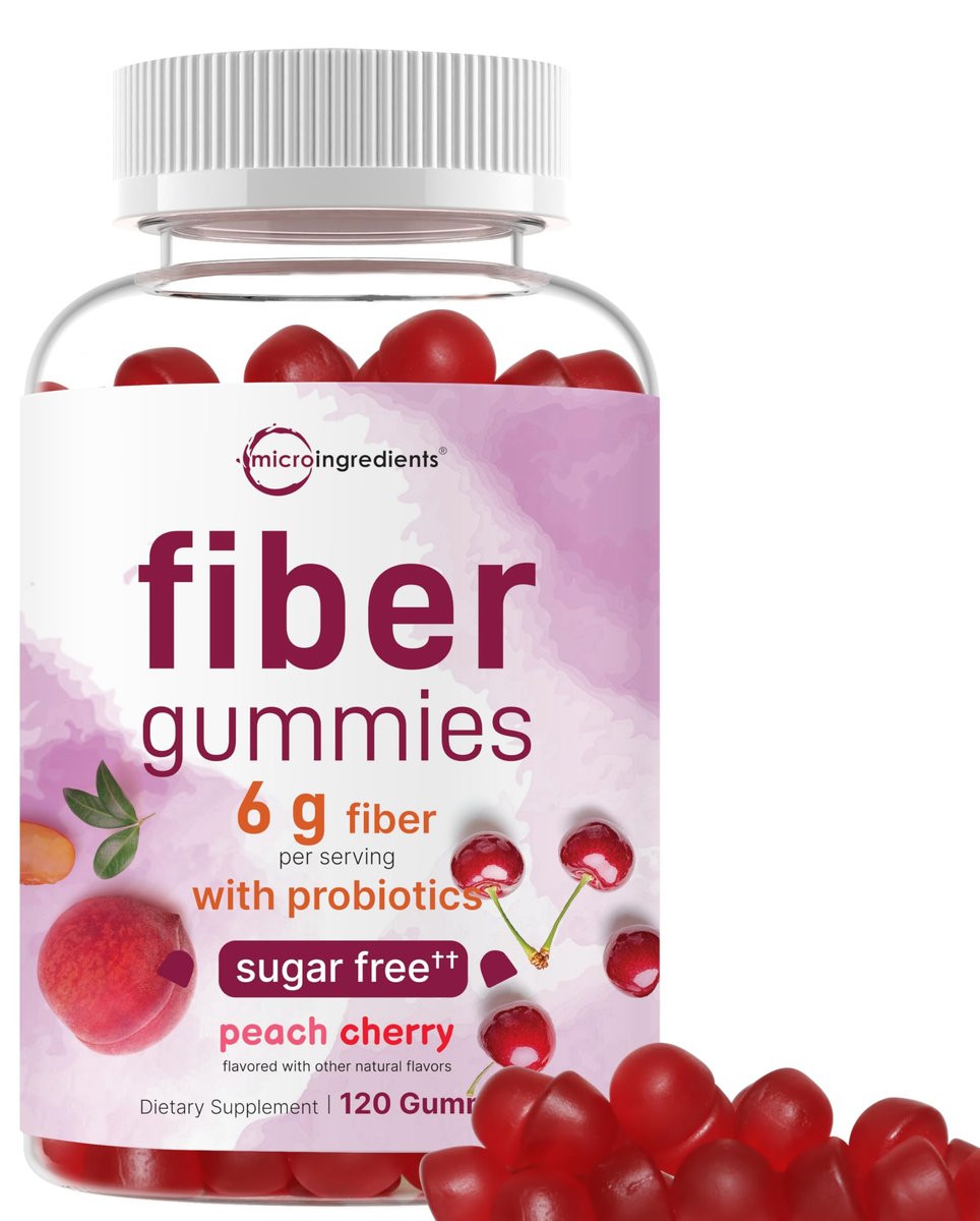 Micro Ingredients Ballaststoff-Gummibärchen mit Probiotika, 120 Stück | 6g pro Portion + 2 Milliarden KBE | Zuckerfreier Pfirsich-Kirsch-Geschmack | Ballaststoffpräparat für Frauen & Männer | Nicht-GVO, glutenfrei