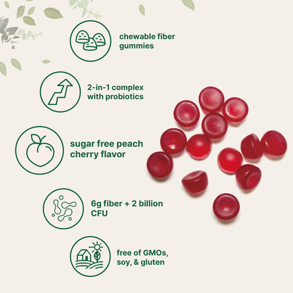 Micro Ingredients Ballaststoff-Gummibärchen mit Probiotika, 120 Stück | 6g pro Portion + 2 Milliarden KBE | Zuckerfreier Pfirsich-Kirsch-Geschmack | Ballaststoffpräparat für Frauen & Männer | Nicht-GVO, glutenfrei
