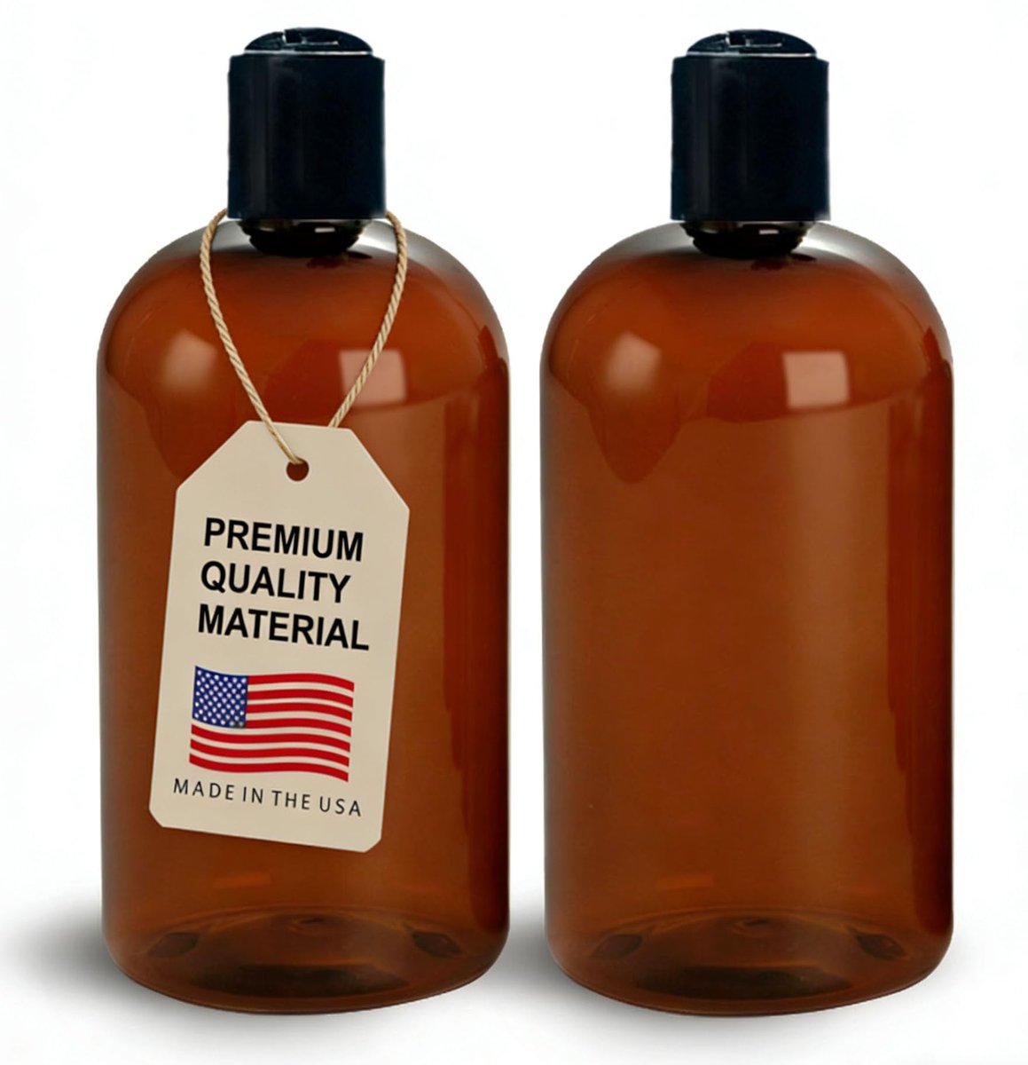 ljdeals 16 oz Amber Plastikflaschen mit schwarzen Disc Top Verschlüssen, nachfüllbare Behälter für Shampoo, Lotionen, Creme und mehr, BPA-frei, 2er Pack, Hergestellt in den USA