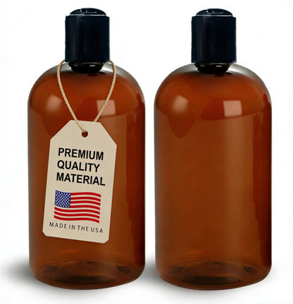 ljdeals 16 oz Amber Plastikflaschen mit schwarzen Disc Top Verschlüssen, nachfüllbare Behälter für Shampoo, Lotionen, Creme und mehr, BPA-frei, 2er Pack, Hergestellt in den USA