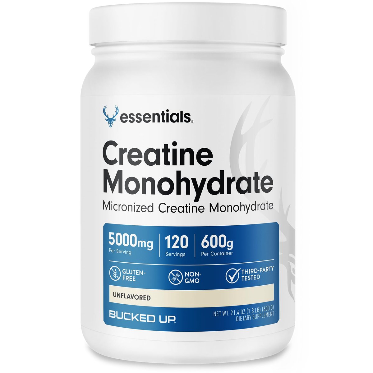 Bucked Up Reines mikronisiertes Kreatin-Monohydrat für Frauen und Männer – Leicht zu mischen und ungewürzt – 5 g pro Portion – 120 Portionen – 600 Gramm pro Behälter