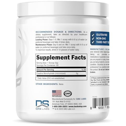 Bucked Up Reines Micronisiertes Kreatin-Monohydrat für Frauen und Männer – Leicht zu mischen und unaromatisiert – 5 g pro Portion – 60 Portionen – 300 Gramm pro Behälter