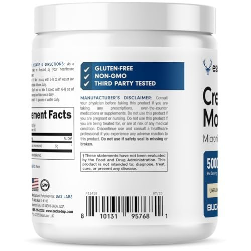 Bucked Up Reines Micronisiertes Kreatin-Monohydrat für Frauen und Männer – Leicht zu mischen und unaromatisiert – 5 g pro Portion – 60 Portionen – 300 Gramm pro Behälter