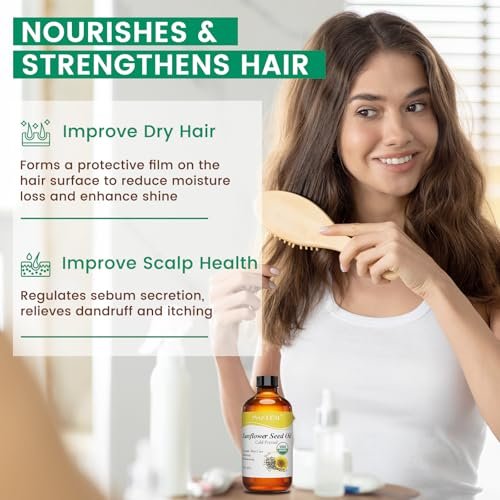 PHATOIL Bio Sonnenblumenkernöl für die Haut 118 ml (4 fl.oz) – USDA zertifiziert bio, kaltgepresstes Sonnenblumenöl in Glasflasche für Haare, Körperfeuchtigkeitscreme, Trägeröl für DIY, Massage