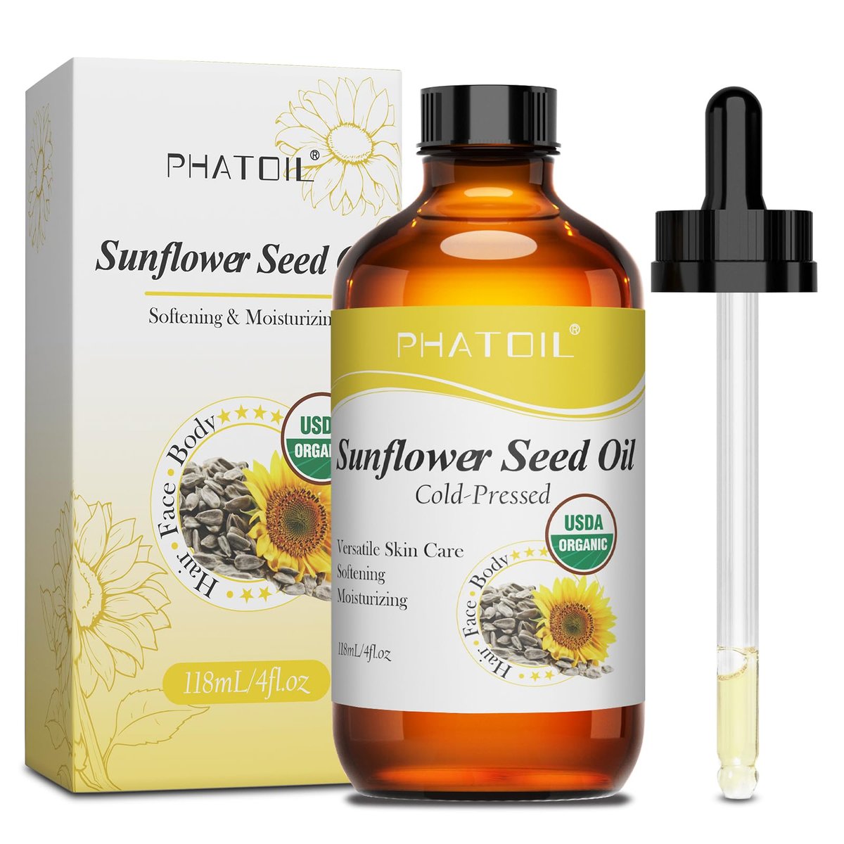 PHATOIL Bio Sonnenblumenkernöl für die Haut 118 ml (4 fl.oz) – USDA zertifiziert bio, kaltgepresstes Sonnenblumenöl in Glasflasche für Haare, Körperfeuchtigkeitscreme, Trägeröl für DIY, Massage