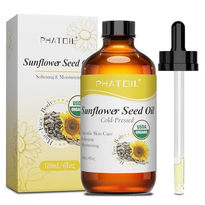 PHATOIL Bio Sonnenblumenkernöl für die Haut 118 ml (4 fl.oz) – USDA zertifiziert bio, kaltgepresstes Sonnenblumenöl in Glasflasche für Haare, Körperfeuchtigkeitscreme, Trägeröl für DIY, Massage