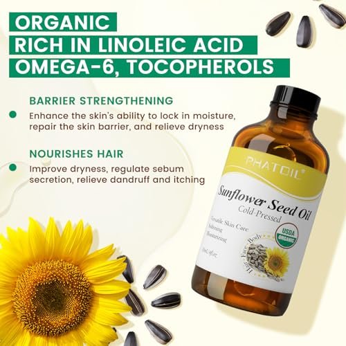 PHATOIL Bio Sonnenblumenkernöl für die Haut 118 ml (4 fl.oz) – USDA zertifiziert bio, kaltgepresstes Sonnenblumenöl in Glasflasche für Haare, Körperfeuchtigkeitscreme, Trägeröl für DIY, Massage