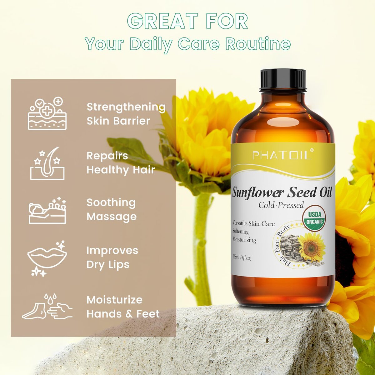 PHATOIL Bio Sonnenblumenkernöl für die Haut 118 ml (4 fl.oz) – USDA zertifiziert bio, kaltgepresstes Sonnenblumenöl in Glasflasche für Haare, Körperfeuchtigkeitscreme, Trägeröl für DIY, Massage