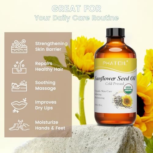 PHATOIL Bio Sonnenblumenkernöl für die Haut 118 ml (4 fl.oz) – USDA zertifiziert bio, kaltgepresstes Sonnenblumenöl in Glasflasche für Haare, Körperfeuchtigkeitscreme, Trägeröl für DIY, Massage
