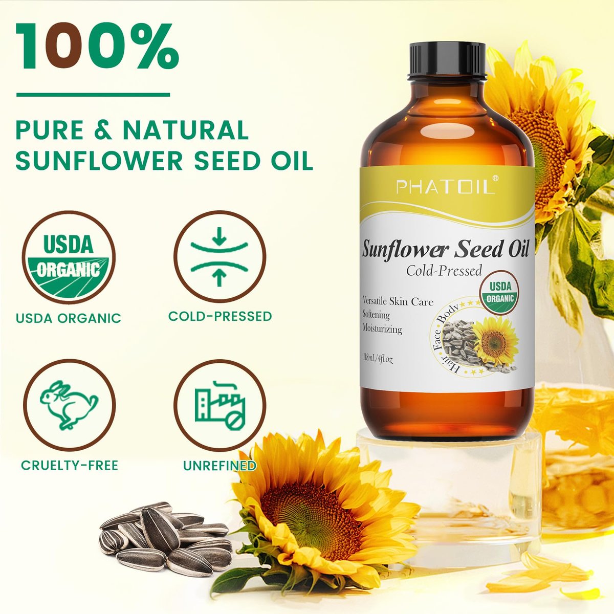 PHATOIL Bio Sonnenblumenkernöl für die Haut 118 ml (4 fl.oz) – USDA zertifiziert bio, kaltgepresstes Sonnenblumenöl in Glasflasche für Haare, Körperfeuchtigkeitscreme, Trägeröl für DIY, Massage
