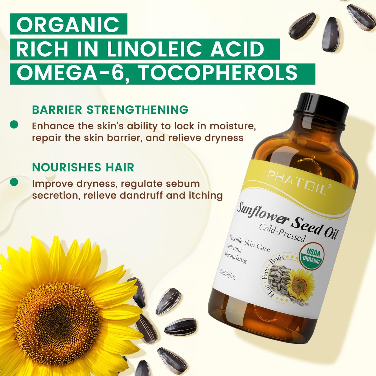 PHATOIL Bio Sonnenblumenkernöl für die Haut 118 ml (4 fl.oz) – USDA zertifiziert bio, kaltgepresstes Sonnenblumenöl in Glasflasche für Haare, Körperfeuchtigkeitscreme, Trägeröl für DIY, Massage