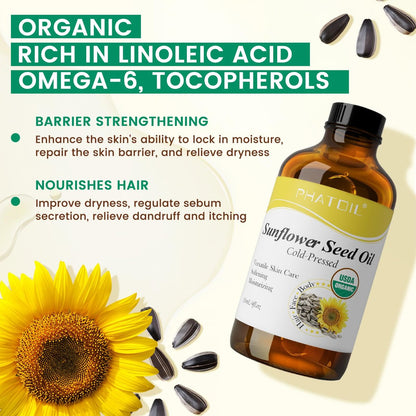 PHATOIL Bio Sonnenblumenkernöl für die Haut 118 ml (4 fl.oz) – USDA zertifiziert bio, kaltgepresstes Sonnenblumenöl in Glasflasche für Haare, Körperfeuchtigkeitscreme, Trägeröl für DIY, Massage