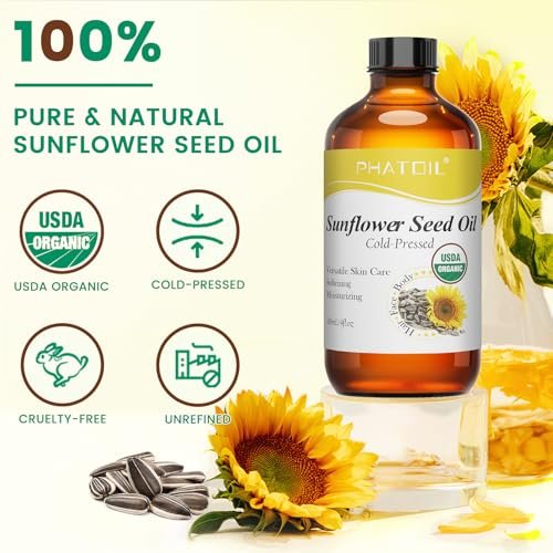 PHATOIL Bio Sonnenblumenkernöl für die Haut 118 ml (4 fl.oz) – USDA zertifiziert bio, kaltgepresstes Sonnenblumenöl in Glasflasche für Haare, Körperfeuchtigkeitscreme, Trägeröl für DIY, Massage