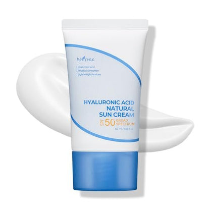 ISNTREE Hyaluronic Acid Natural Suncream SPF 50 – Mineralischer Sonnenschutz mit Ton-Up-Effekt, feuchtigkeitsspendend, 50 ml