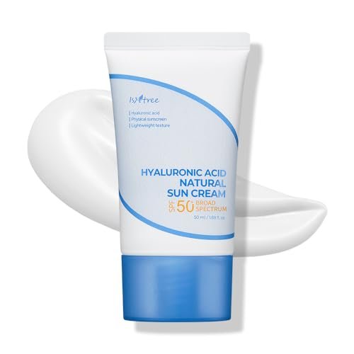 ISNTREE Hyaluronic Acid Natural Suncream SPF 50 – Mineralischer Sonnenschutz mit Ton-Up-Effekt, feuchtigkeitsspendend, 50 ml