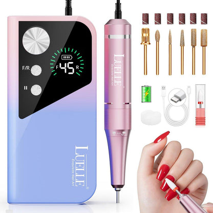 LUELLE Elektrischer Nagelbohrer 45000 U/min, Professioneller Akku-Nagelfeiler für Acryl- und Gelnägel, Wiederaufladbarer kabelloser E-Feile mit Goldbits-Set für Salon und Zuhause