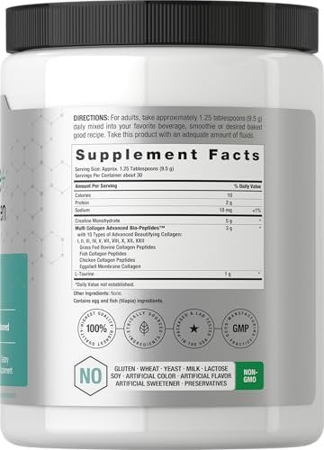 Horbäach Creatin-Monohydrat-Pulver mit Kollagen und L-Taurin – 10,05 oz, ungesüßt, für Frauen und Männer, Nicht-GVO, glutenfrei