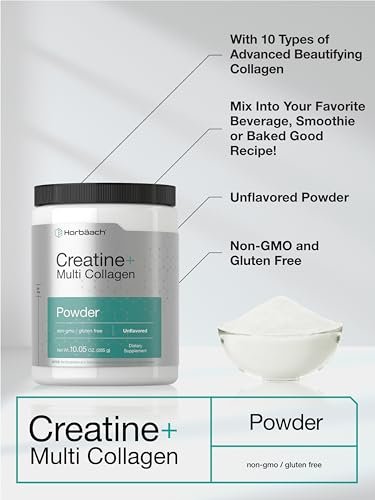 Horbäach Creatin-Monohydrat-Pulver mit Kollagen und L-Taurin – 10,05 oz, ungesüßt, für Frauen und Männer, Nicht-GVO, glutenfrei