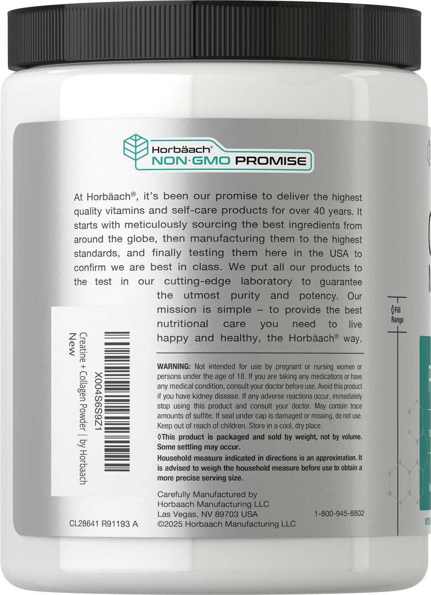 Horbäach Creatin-Monohydrat-Pulver mit Kollagen und L-Taurin – 10,05 oz, ungesüßt, für Frauen und Männer, Nicht-GVO, glutenfrei