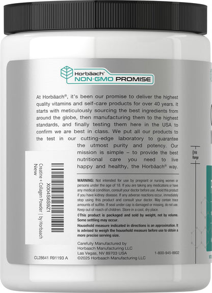 Horbäach Creatin-Monohydrat-Pulver mit Kollagen und L-Taurin – 10,05 oz, ungesüßt, für Frauen und Männer, Nicht-GVO, glutenfrei