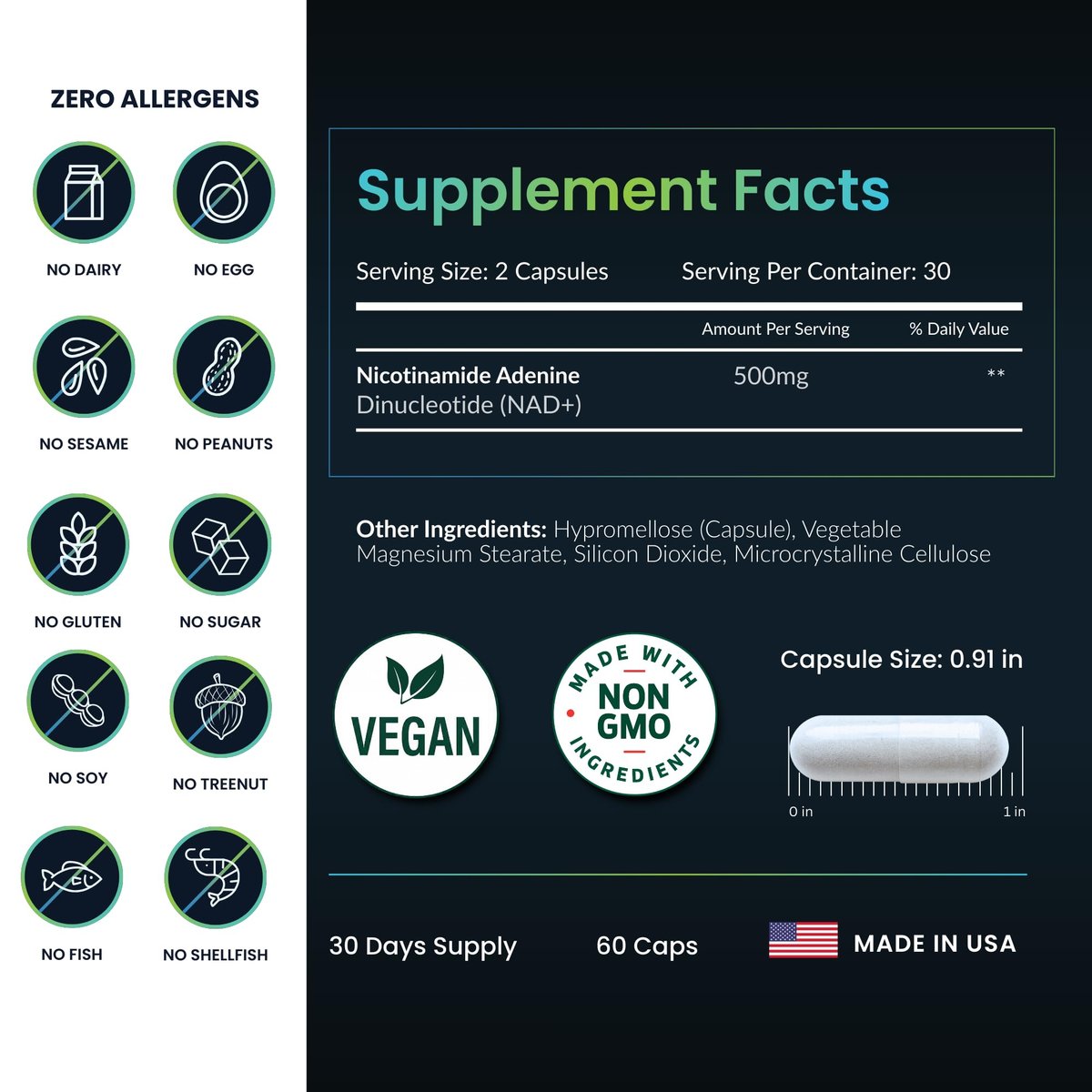 NAD+ Supplement - 500mg reines NAD Plus für Energie, Fokus, Haut & Anti-Aging - Glutenfrei, Nicht-GMO, NAD+ für Frauen & Männer (60 Kapseln)