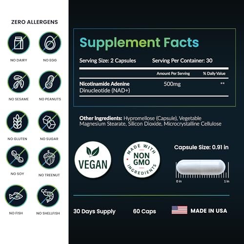 NAD+ Supplement - 500mg reines NAD Plus für Energie, Fokus, Haut & Anti-Aging - Glutenfrei, Nicht-GMO, NAD+ für Frauen & Männer (60 Kapseln)