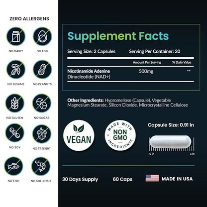 NAD+ Supplement - 500mg reines NAD Plus für Energie, Fokus, Haut & Anti-Aging - Glutenfrei, Nicht-GMO, NAD+ für Frauen & Männer (60 Kapseln)
