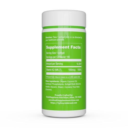 UpNourish Liposomales Vitamin K2 MK7 180 mcg – 180 K2 Vitamin Kapseln für Frauen und Männer – VIT K2 MK-7 mit hoher Absorption
