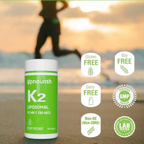 UpNourish Liposomales Vitamin K2 MK7 180 mcg – 180 K2 Vitamin Kapseln für Frauen und Männer – VIT K2 MK-7 mit hoher Absorption