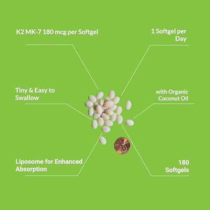UpNourish Liposomales Vitamin K2 MK7 180 mcg – 180 K2 Vitamin Kapseln für Frauen und Männer – VIT K2 MK-7 mit hoher Absorption