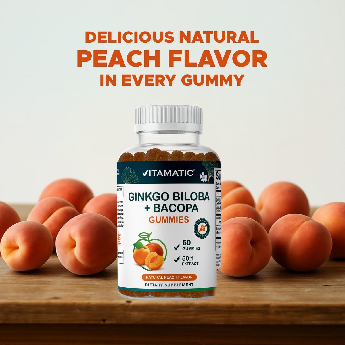 Vitamatic Ginkgo Biloba & Bacopa Gummis – Pflanzlicher Extrakt – Natürlicher Pfirsichgeschmack – Vegan, Non-GMO, Glutenfrei – Nahrungsergänzungsmittel – 60 Stück